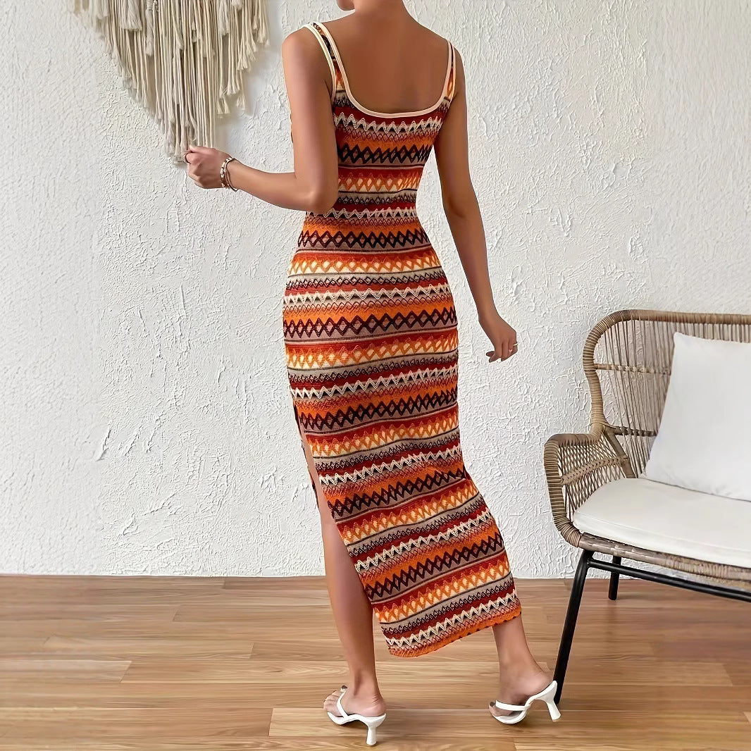 Damen Maxikleid mit auffälligem geometrischem Muster und seitlichem Schlitz EB