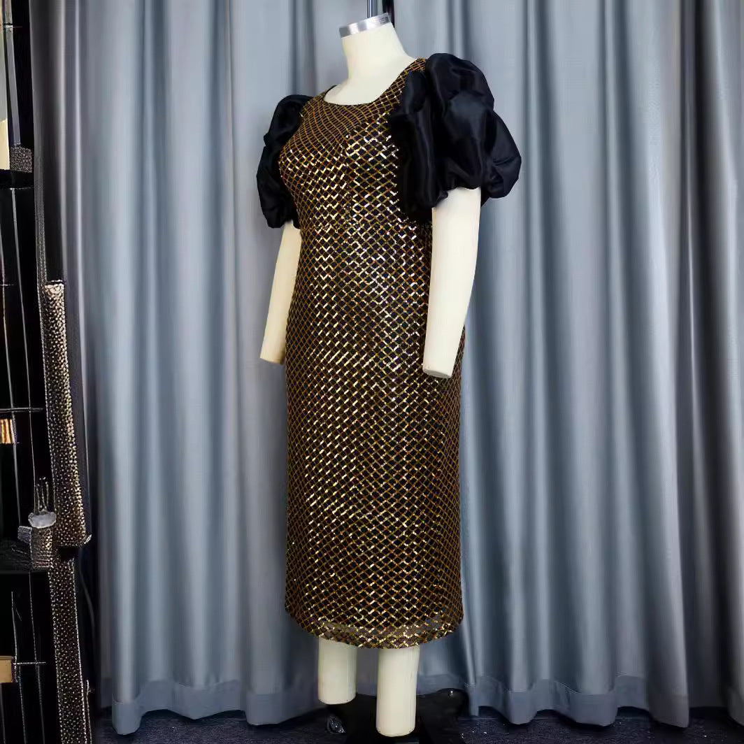 Damen Abendkleid mit strukturiertem Oberteil und voluminösen Puffärmeln EB