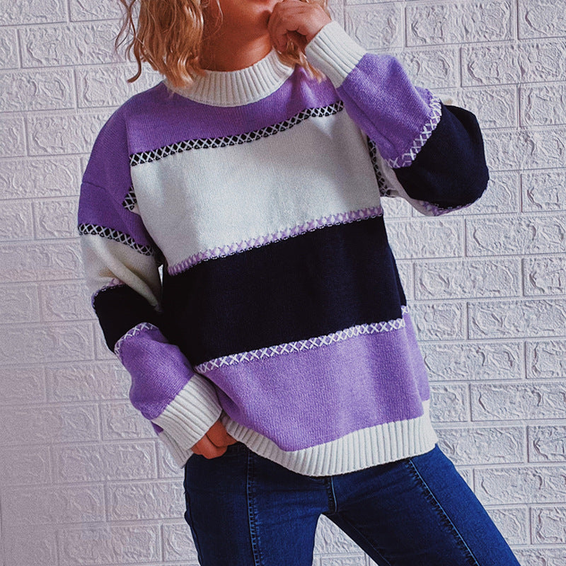Damen modischer Streifenpullover mit hochgeschlossenem Kragen und lässigem Schnitt EB