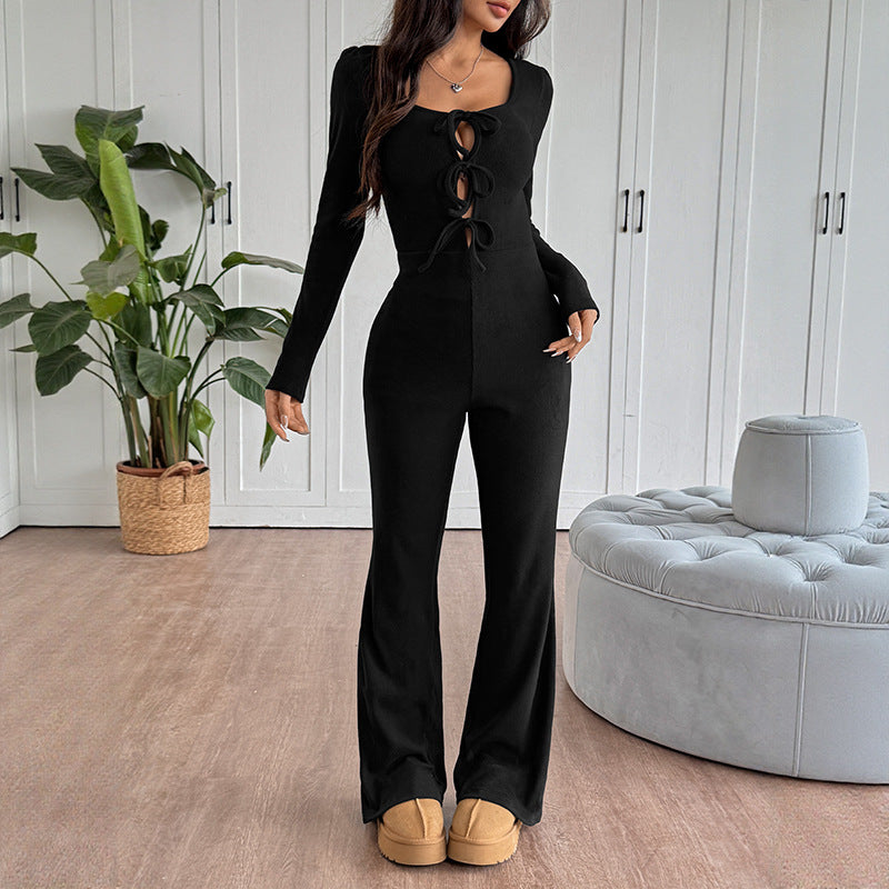 Damen eleganter Overall mit modischem Schnitt und Dekorativen Schnürdetails EB