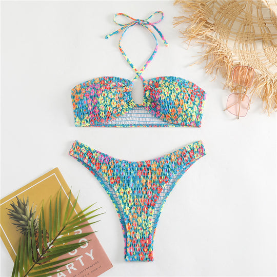 Damen Bandeau-Bikini mit verspieltem Wickeldetail und buntem Design EB