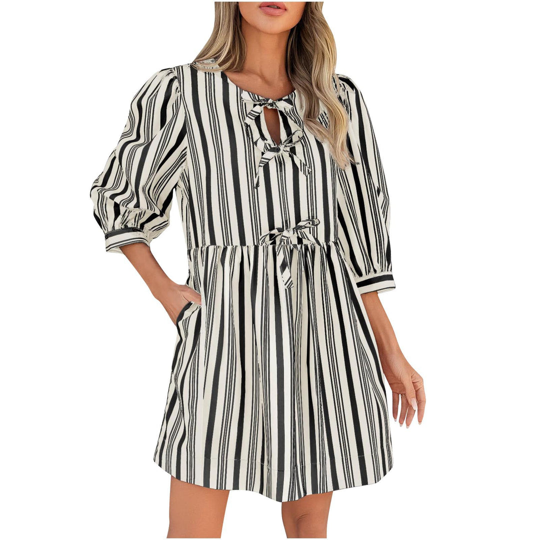 Damen lässiges gestreiftes Sommerkleid mit taillierter Silhouette EB