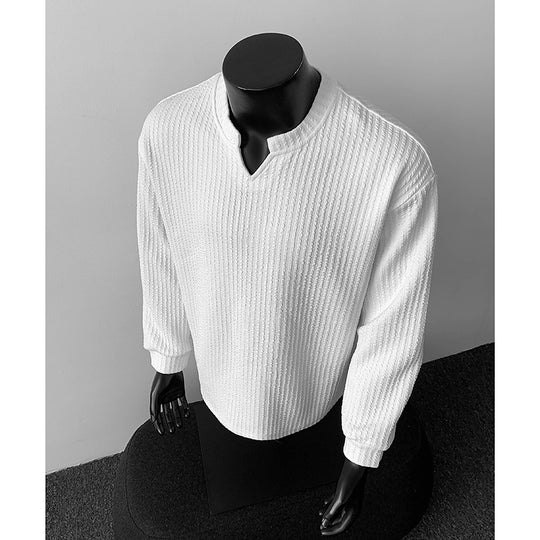 Herren nan grobstrukturierter Strickpullover mit V-förmigem Schlitzkragen und gerundetem Saum EB