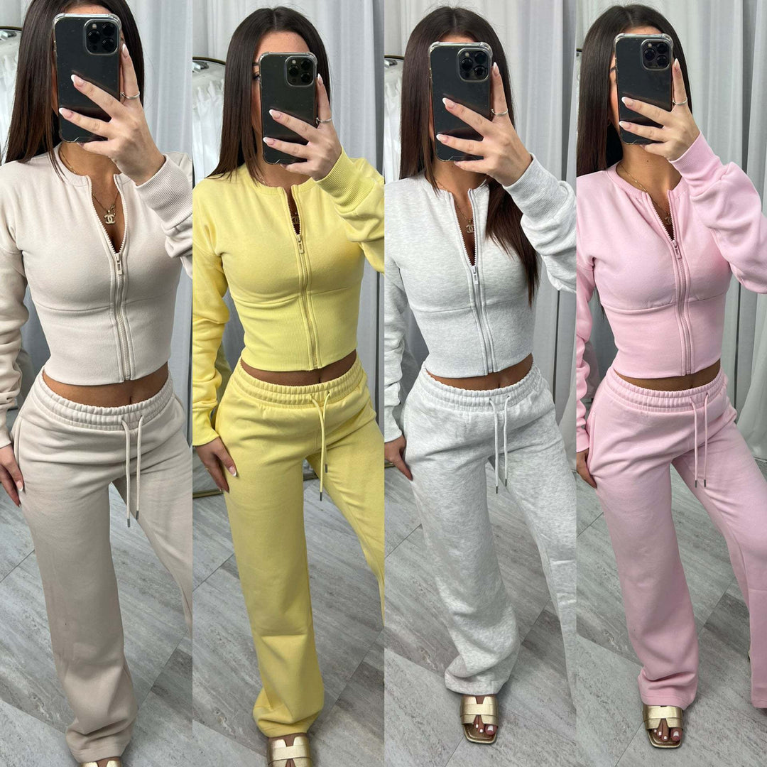 Damen nan kurzes Zip-Cropped-Shirt mit formendem Bund und breite Relax-Sweatpants mit Tunnelzug EB