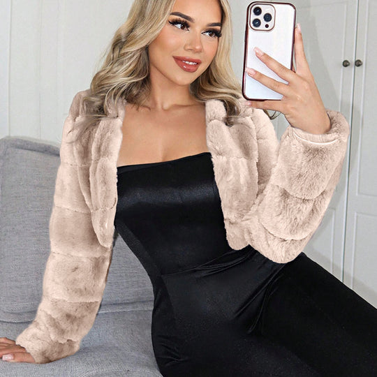 Damen Kurze Kunstpelzjacke mit breiten Ärmeln EB