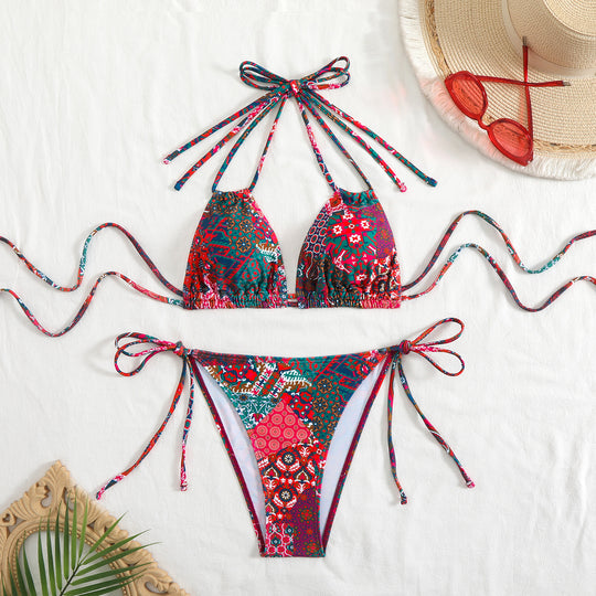 Damen Bikini-Set mit verspieltem Bindeband und buntem Muster EB