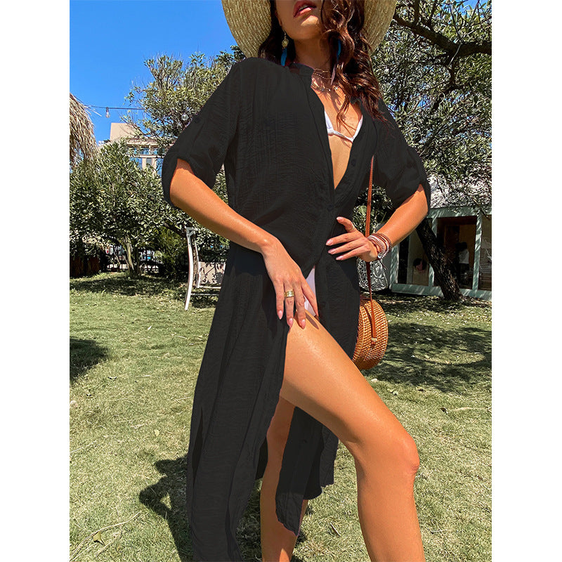 Damen lässiges Sommerkleid mit durchgehender Knopfleiste und seitlichen Taschen EB
