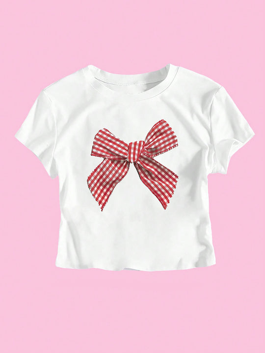 Damen Crop-T-Shirt mit verspieltem Karoband-Motiv und lässigem Schnitt EB