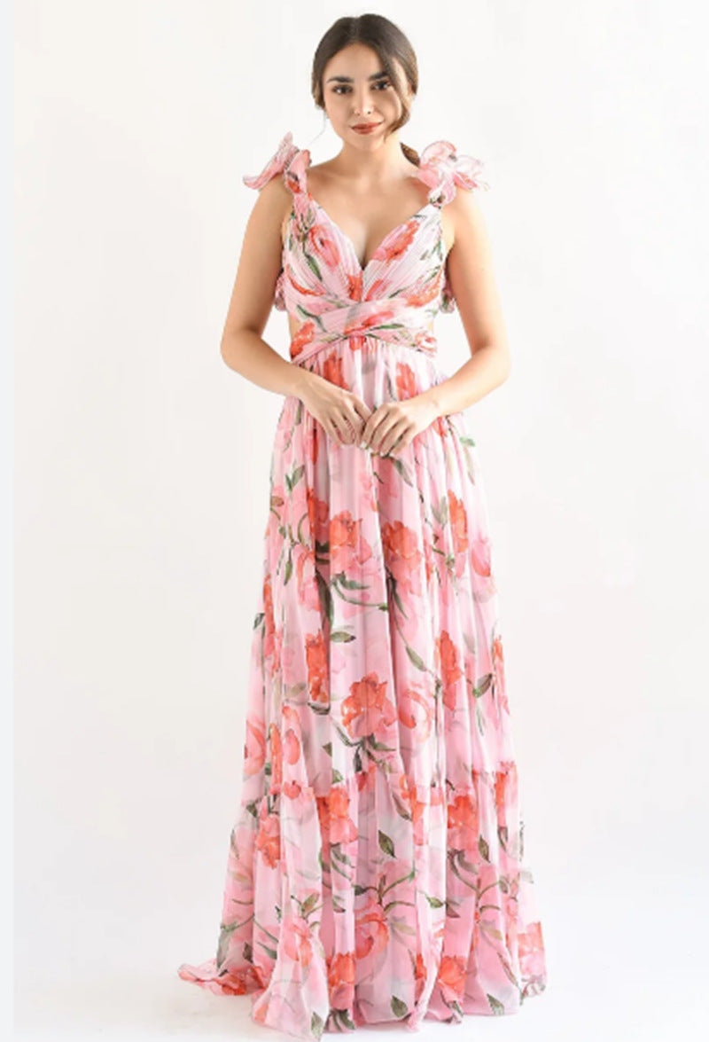 Damen Maxikleid im romantischen Vintage-Stil mit fließendem Rock und Rüschendetails EB