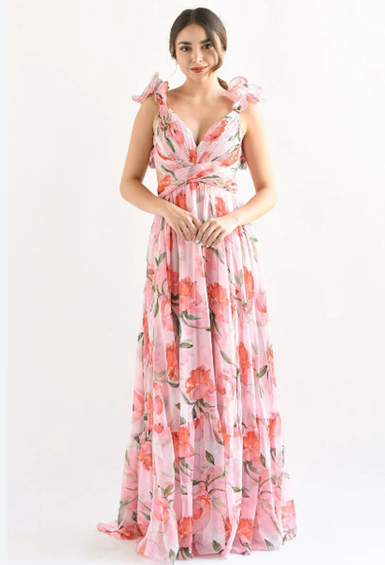 Damen Maxikleid im romantischen Vintage-Stil mit fließendem Rock und Rüschendetails EB