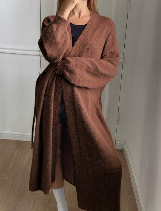 Damen Langer Wickel-Cardigan in Flausch-Optik mit Bindegürtel EB