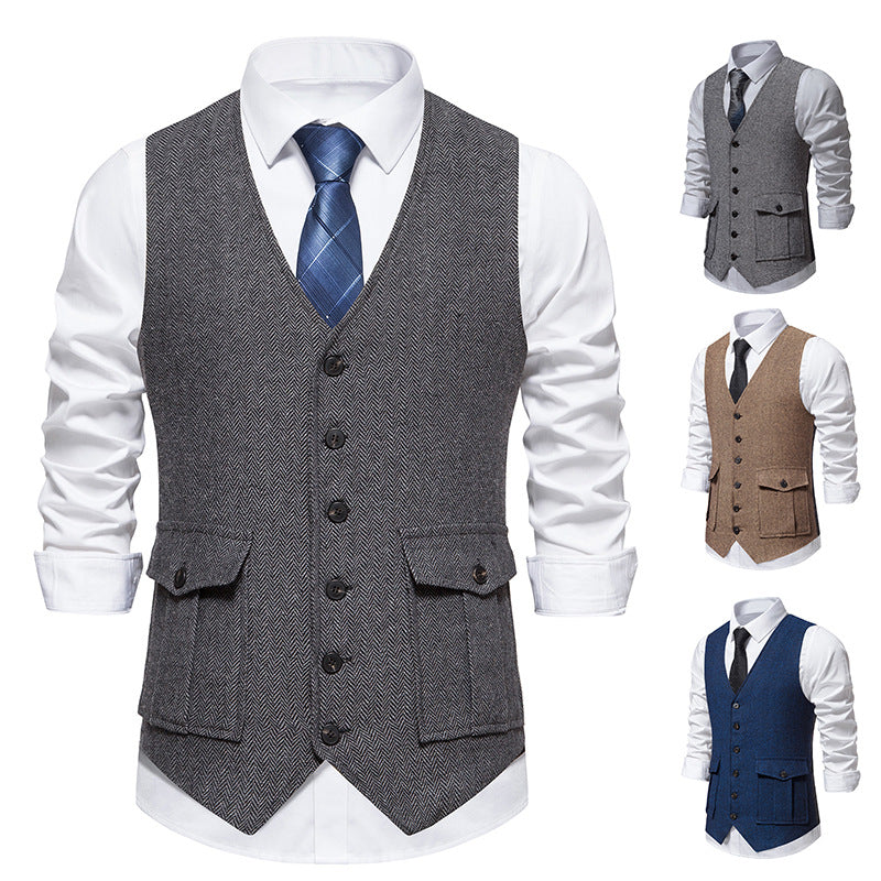 Herren Elegante Anzugweste im klassischen Fischgrätmuster mit praktischen Taschen EB