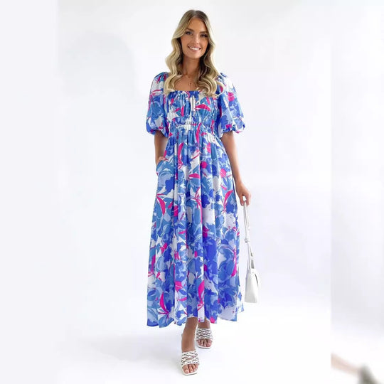 Damen Maxikleid mit luftigen Puffärmeln und floralem Design EB