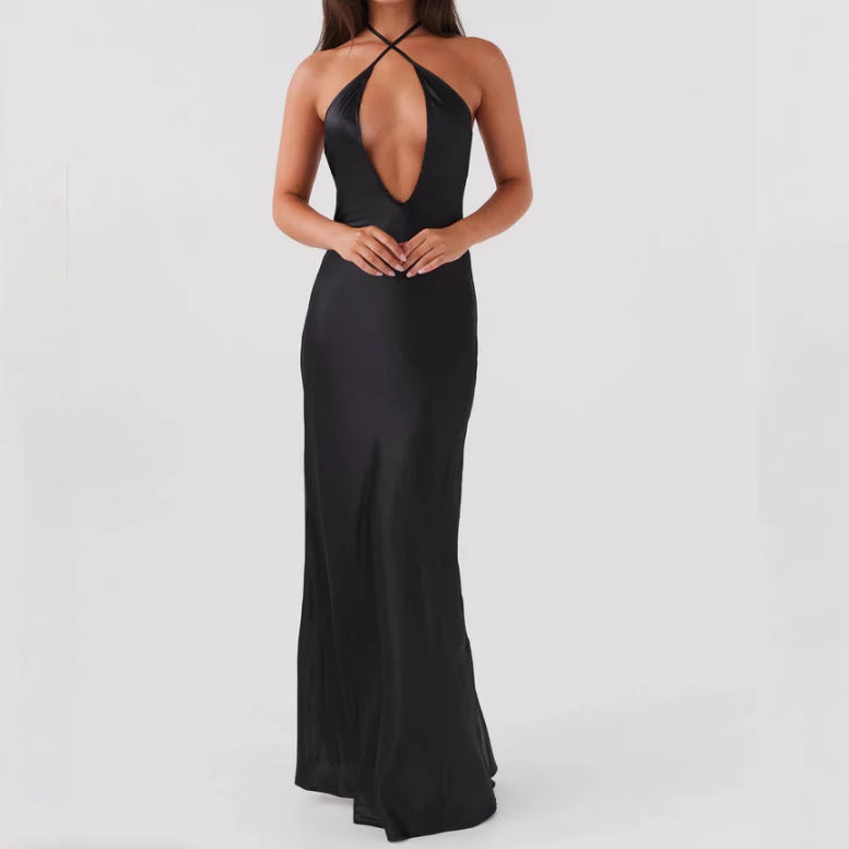Damen Maxikleid mit tiefem V-Ausschnitt und eleganter Rückenansicht EB