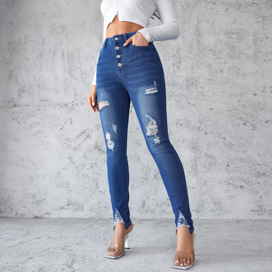 Damen Skinny Jeans mit stylishen Destroyed-Details und fransigem Saum EB