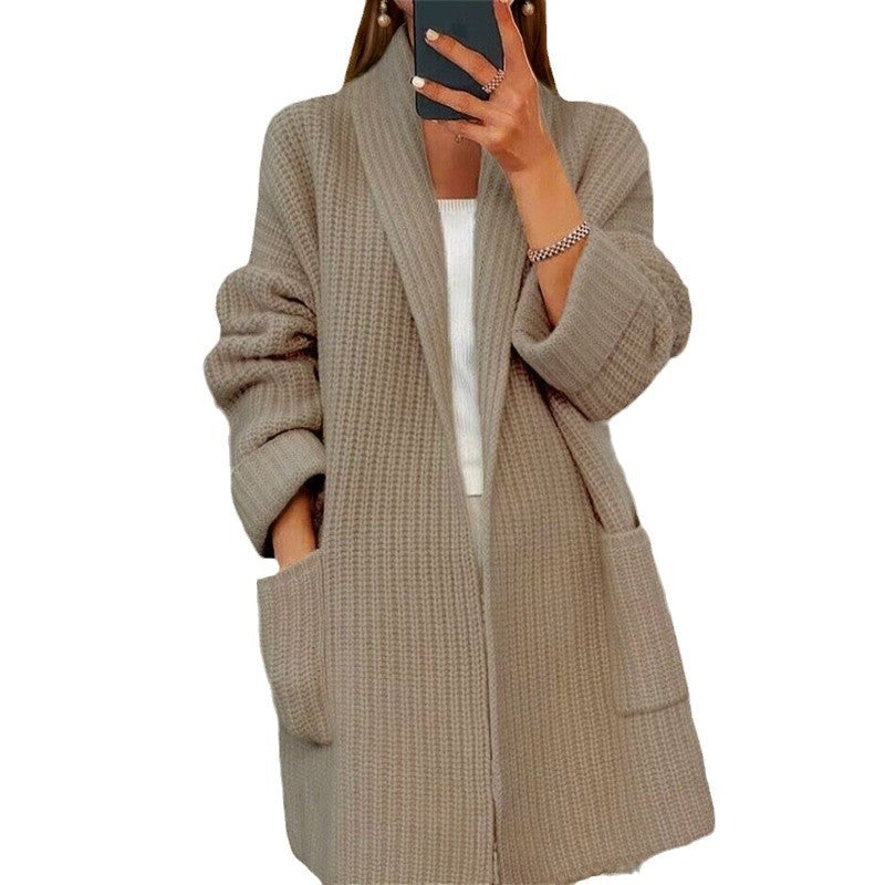Damen nan langer übergroßer Strickmantel mit Schalkragen und aufgesetzten Taschen EB
