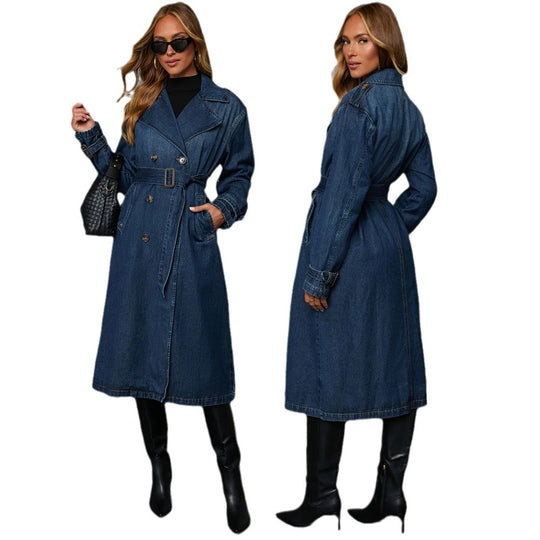 Damen Denim Trenchcoat mit Gürtel und praktischen Taschen EB