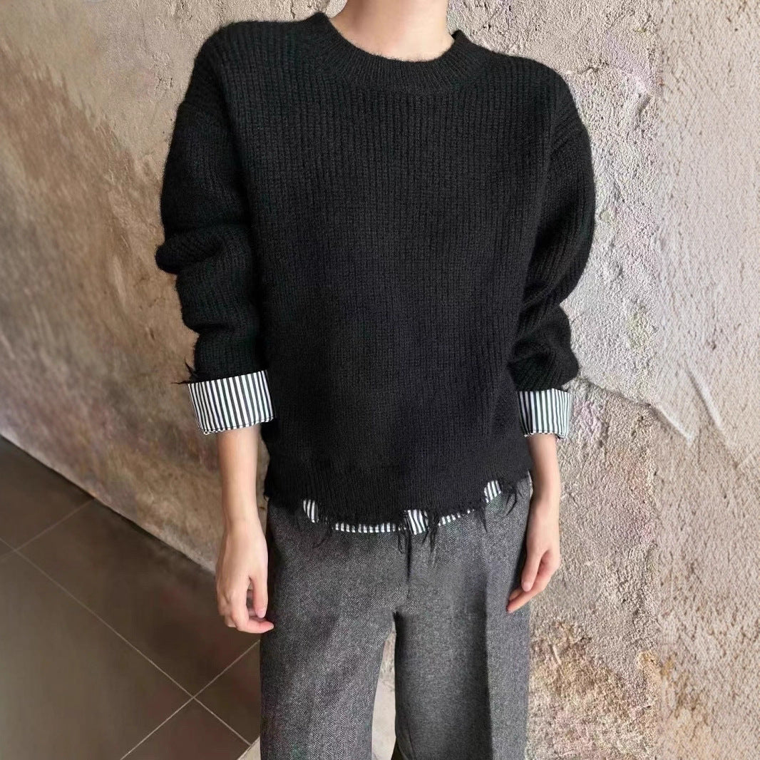 Damen Grob gestrickter Pullover mit einzigartigen Kontrastarmabschlüssen und lässigem Schnitt EB