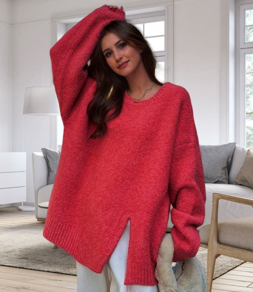 Damen Oversized Strickpullover mit elegantem V-Ausschnitt und seitlichen Schlitzen EB