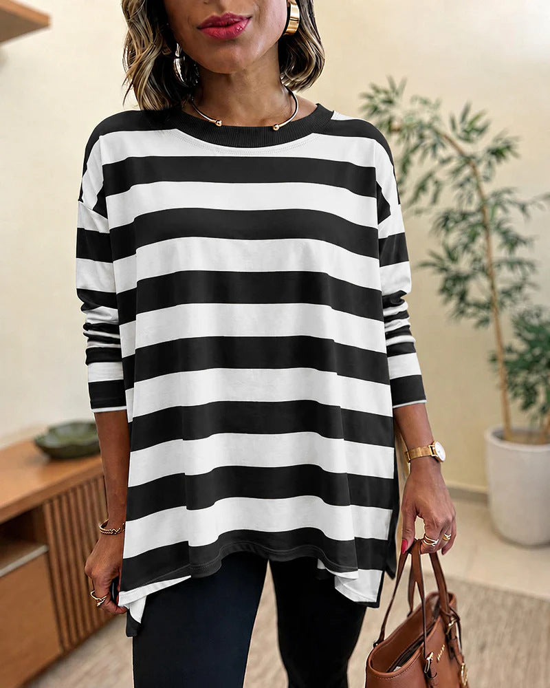 Damen Oversized Streifen-Longsleeve mit Rundhalsausschnitt und abgerundetem Saum EB