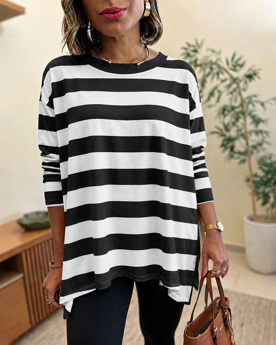 Damen Oversized Streifen-Longsleeve mit Rundhalsausschnitt und abgerundetem Saum EB