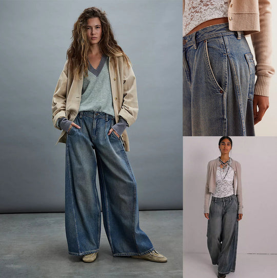 Damen nan extraweite High‑Waist Palazzo-Jeans mit hohem Bund, tiefem Schritt und verwaschener Vintage-Optik EB