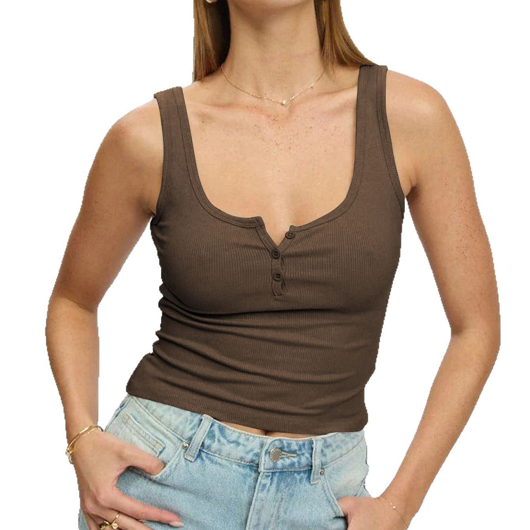 Damen körperbetontes Ripp-Top mit Knopfleiste und weitem Ausschnitt EB