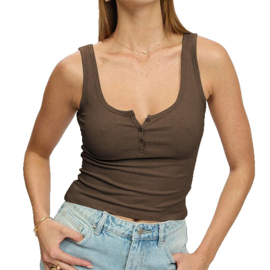 Damen körperbetontes Ripp-Top mit Knopfleiste und weitem Ausschnitt EB