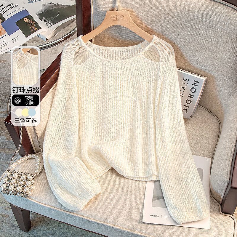 Damen lässiger Pullover mit Off-Shoulder Design und funkelnden Details EB