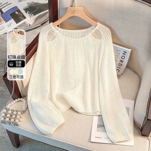 Damen lässiger Pullover mit Off-Shoulder Design und funkelnden Details EB