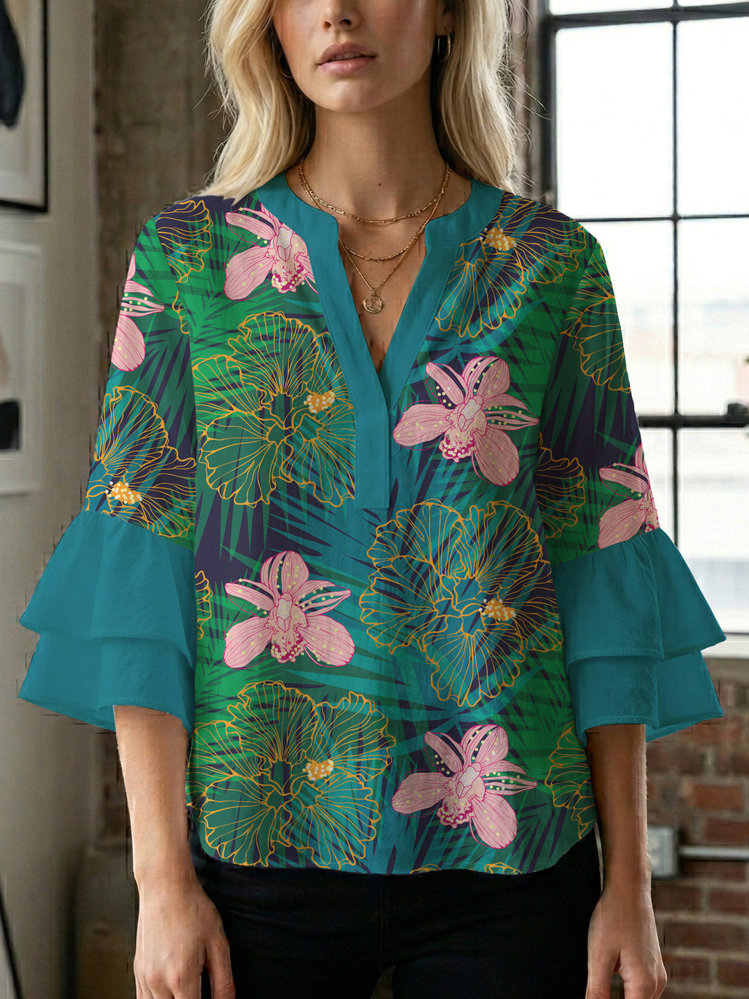 Damen Bluse mit voluminösen Ärmeln und floralem Design EB