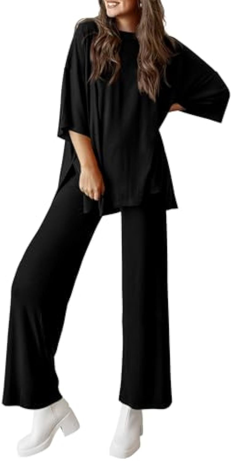 Damen Lässiges Lounge-Set aus weichem Jersey mit Oversize-Tunika und weiter Palazzo-Hose EB