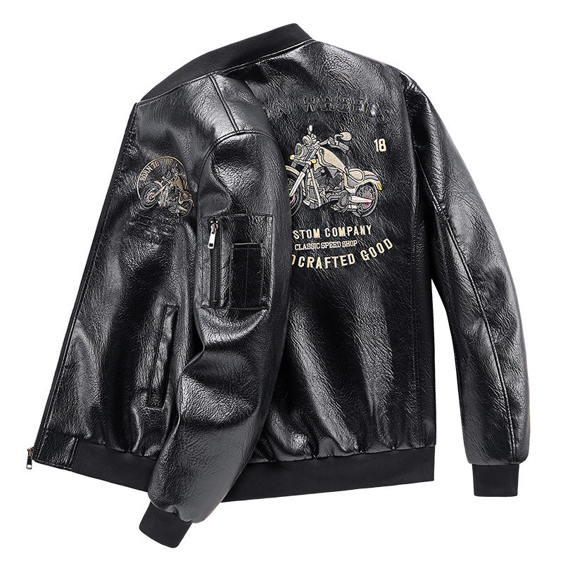 Men's  motorcycle graphic faux-leather varsity bomber with embroidered back panel and sleeve utility pocket EB
