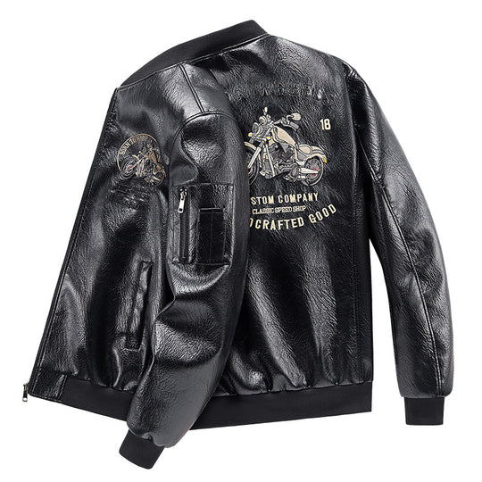 Men's  motorcycle graphic faux-leather varsity bomber with embroidered back panel and sleeve utility pocket EB