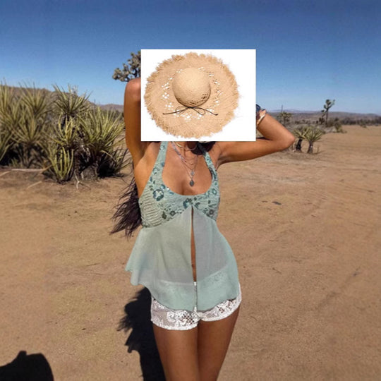 Damen Luftig-fließendes Strandtop mit Rüschendetails und transparenter Blende EB
