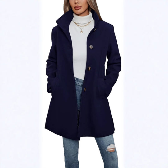 Damen Eleganter Wollmantel mit Hochgeschlossenem Kragen und Praktischen Taschen EB