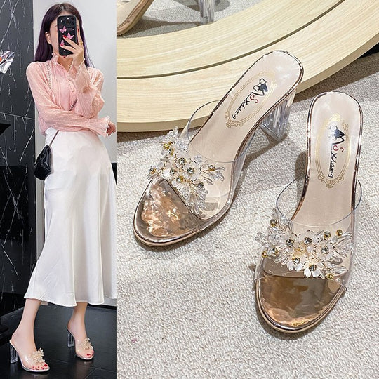 Damen elegante und durchsichtige Mules mit floralem Schmuckdetail EB