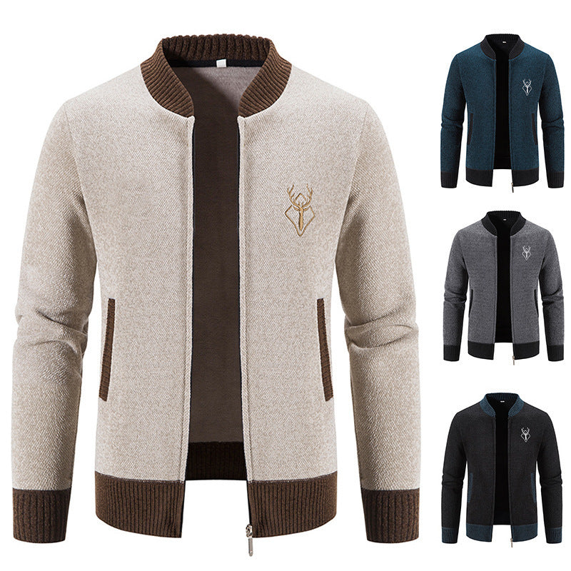 Herren nan lässiger Zip-Strickblouson mit weichem Thermofutter, geripptem Stehkragen und Hirsch-Logo EB