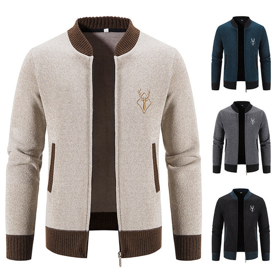 Herren nan lässiger Zip-Strickblouson mit weichem Thermofutter, geripptem Stehkragen und Hirsch-Logo EB