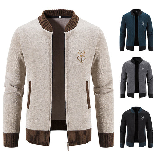 Herren nan lässiger Zip-Strickblouson mit weichem Thermofutter, geripptem Stehkragen und Hirsch-Logo EB