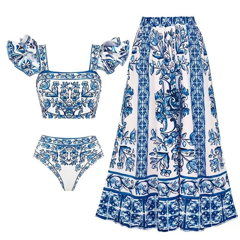 Damen Bikini-Set mit verspieltem Puffärmel und elegantem Wickelrock EB