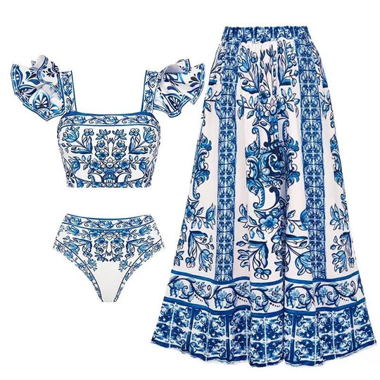 Damen Bikini-Set mit verspieltem Puffärmel und elegantem Wickelrock EB