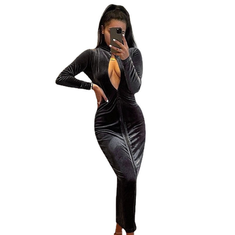 Damen Elegantes Velours-Maxi-Kleid mit tiefem V-Ausschnitt und langen Ärmeln EB