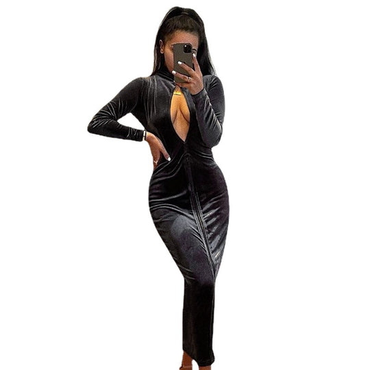 Damen Elegantes Velours-Maxi-Kleid mit tiefem V-Ausschnitt und langen Ärmeln EB