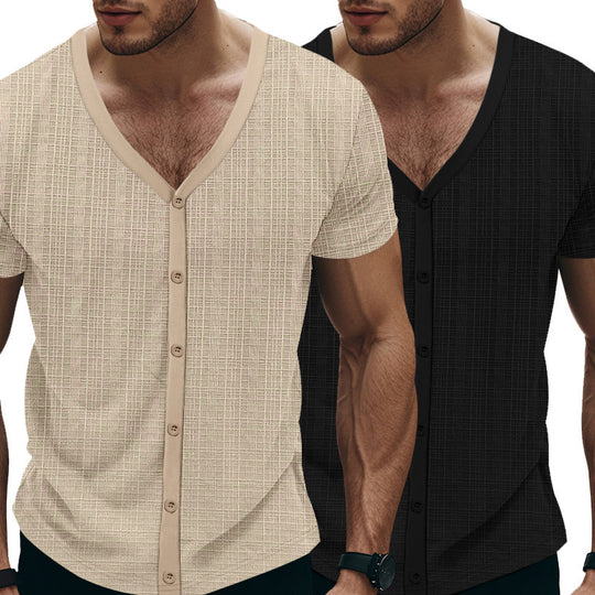 Herren Kurzarm Henley-Shirt mit strukturiertem Design und Knopfleiste EB