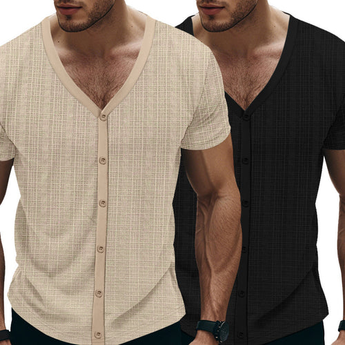 Herren Kurzarm Henley-Shirt mit strukturiertem Design und Knopfleiste EB
