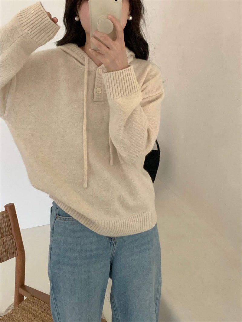 Damen Hoodie-Pullover mit Knöpfen und hohem Kragen EB
