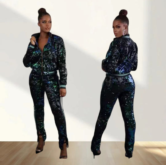Damen Glitzerndes Sportanzug-Set mit trendigen Streifen EB
