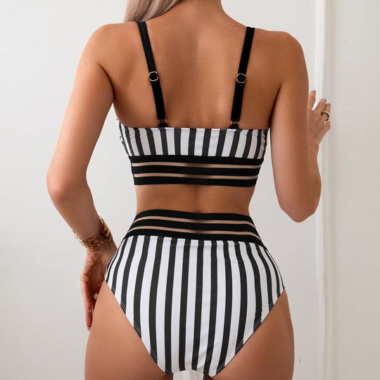 Damen Hoch tailliertes Bikini-Set mit gestreiftem Design EB
