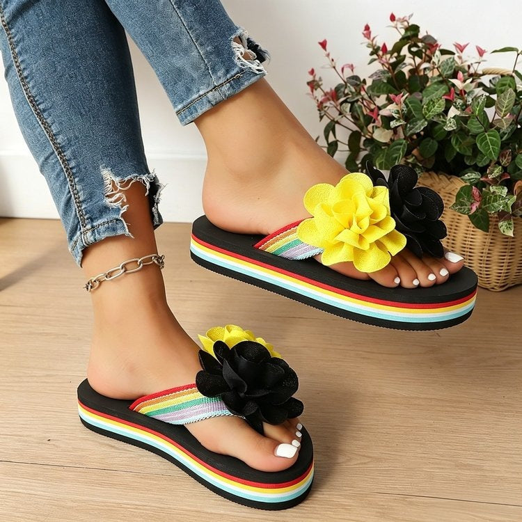 Damen Trendige Flip-Flops mit floralem Dekor und buntem Riemendesign EB